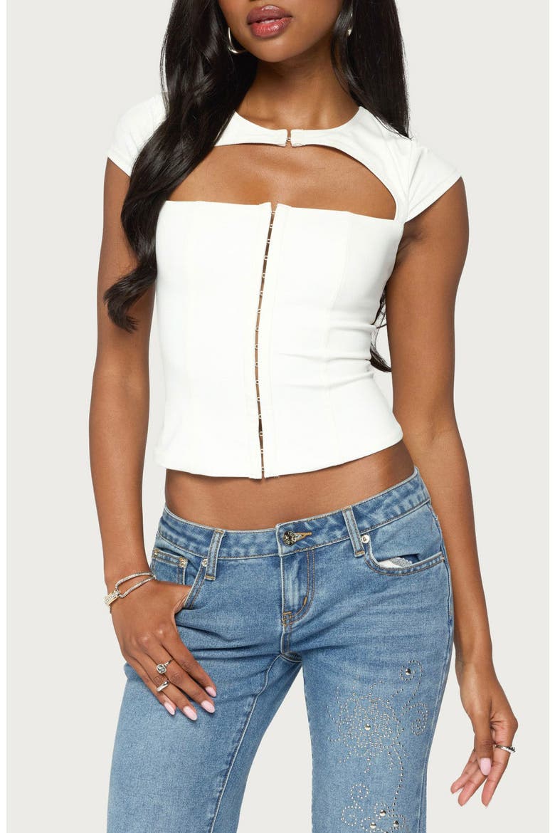 Dava Hook and Eye Cutout Corset Top, Main, color, WHITE