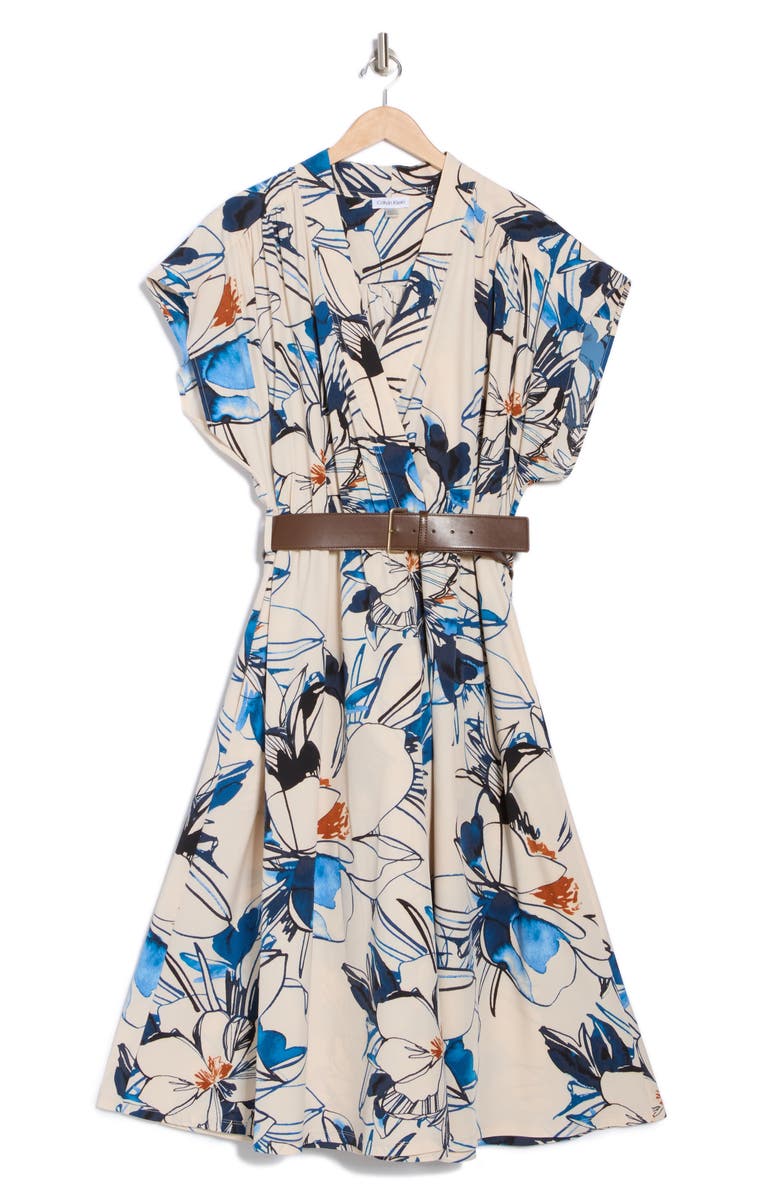 Calvin Klein Comm Belted Midi Dress, Alternate, color, Antique White Multi