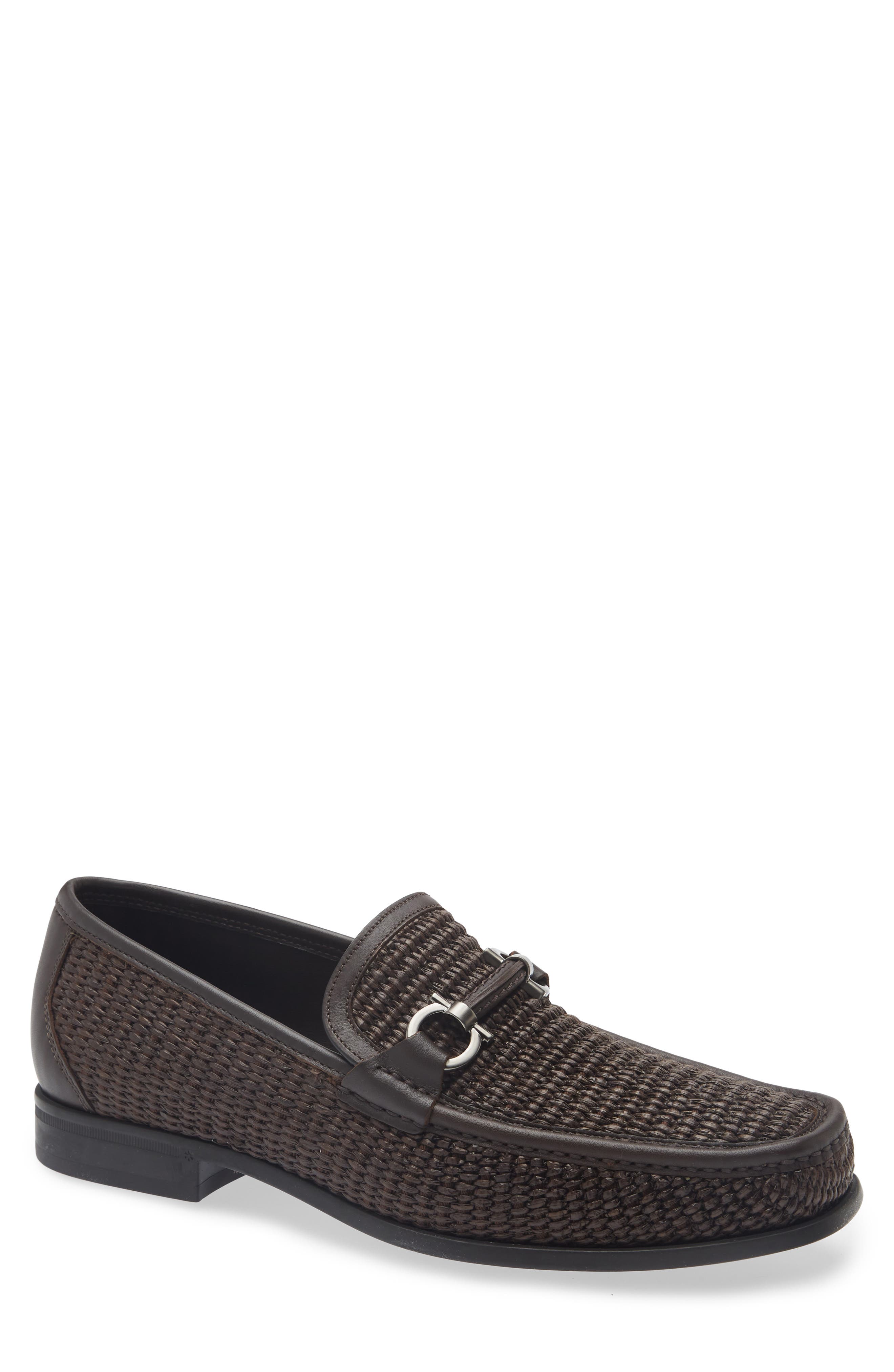 FERRAGAMO Gancini Raffia & Leather Loafer, Main, color, T Moro 300 Acc. Nero
