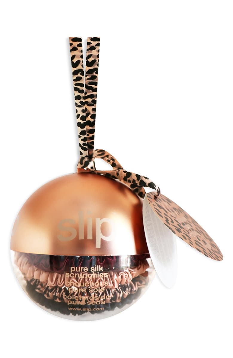 slip Pure Silk Skinny Hair Tie Rose Gold Holiday Bauble, Main, color,