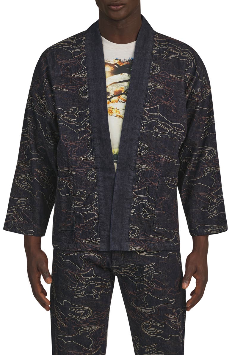 PRPS Niseko Embroidered Denim Open Front Jacket, Main, color, 