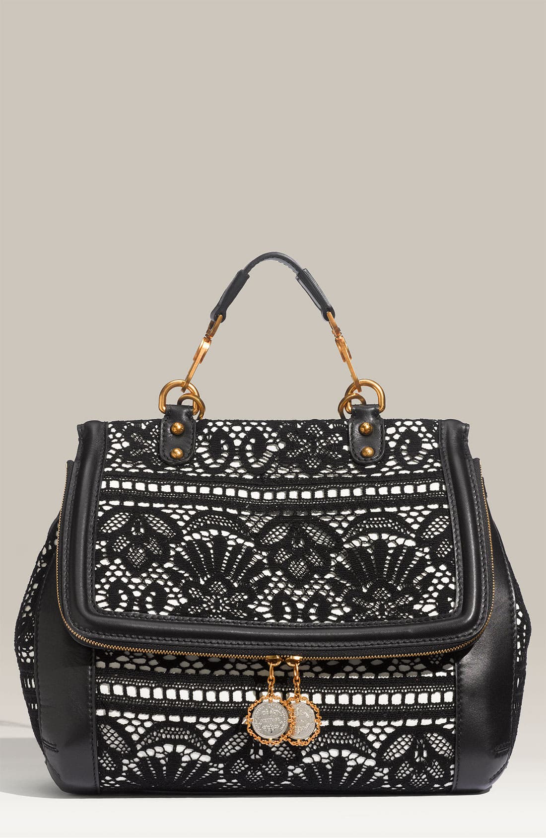 'Miss Rose' Lace & Leather Satchel, Main, color, BLACK