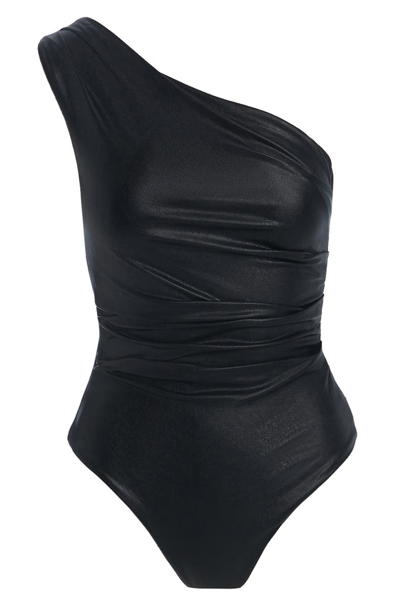 Naked Wardrobe Faux Leather Pleated One-Shoulder Bodysuit, Alternate, color, 