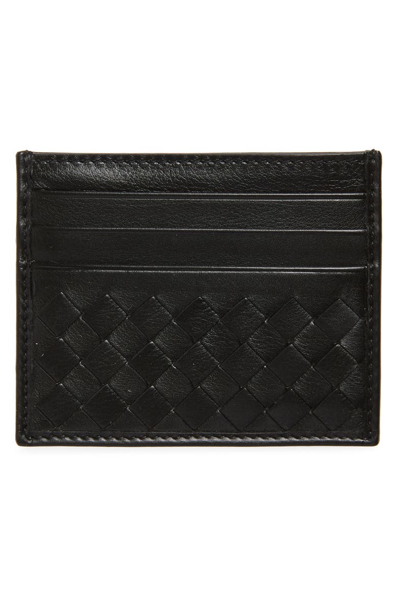 Intrecciato Calfskin Card Case, Alternate, color, NERO/ NERO-SILVER