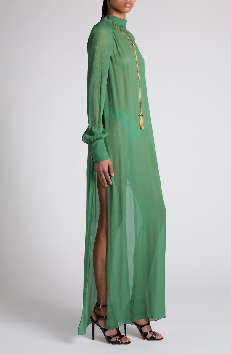 TOM FORD Long Sleeve Silk Crepon Caftan Dress, Alternate, color, Fg327 Grass Green