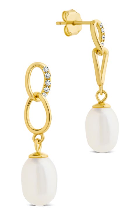 Cubic Zirconia & 5-5.5mm Freshwater Pearl Link Drop Earrings