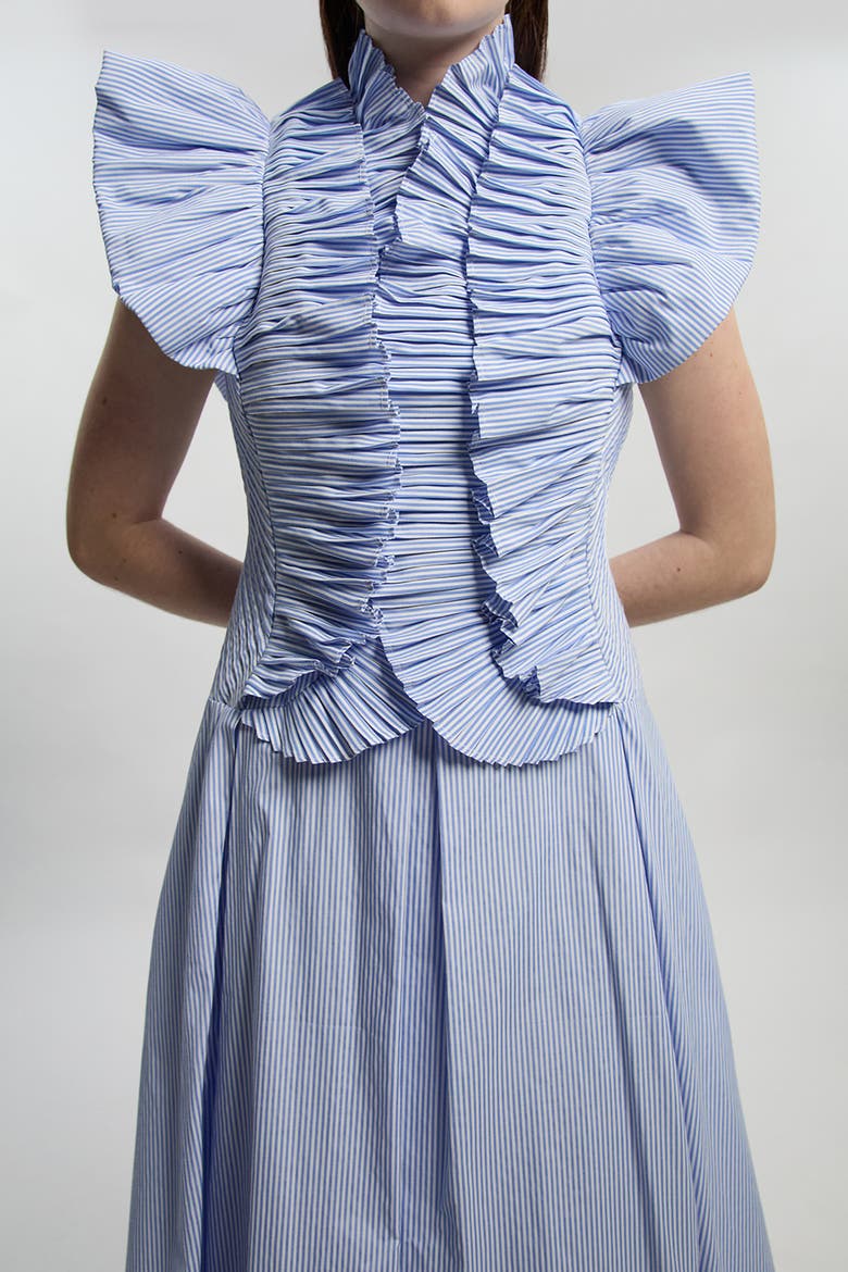 High Neck Pleated Ruffle Midi Dress, Alternate, color, Stripe