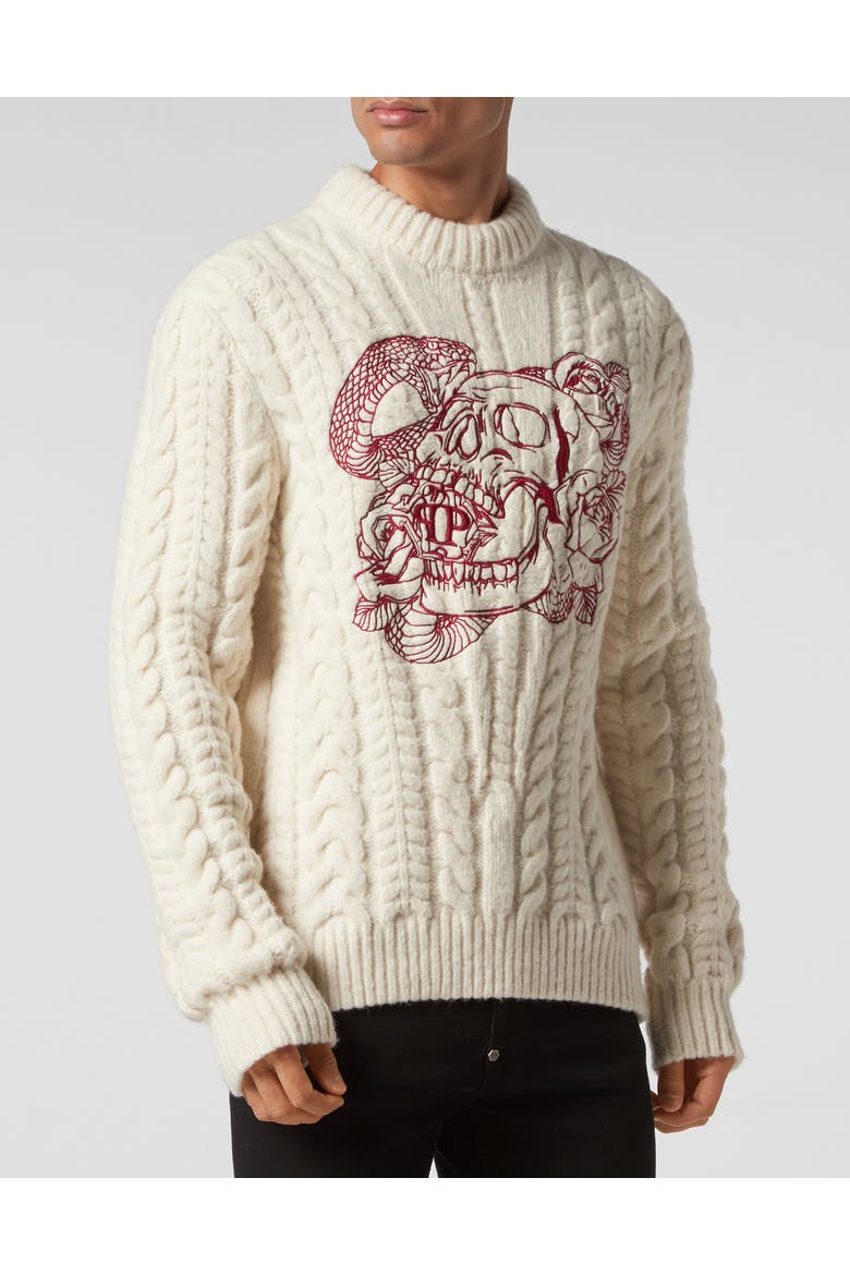 Pullover Round Neck Skull Men, Main, color, white