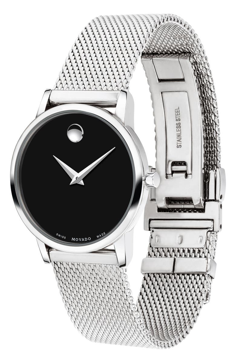 Movado Museum Mesh Strap Watch, 28mm, Alternate, color, Silver/ Black/ Silver