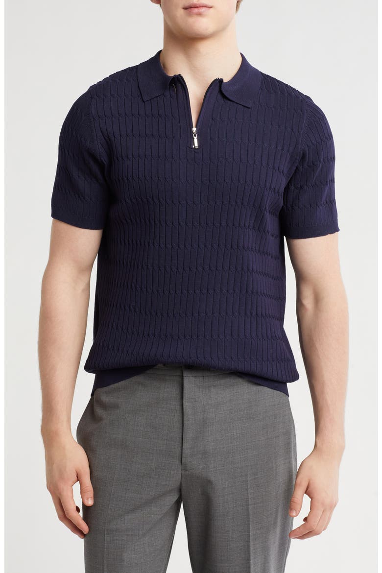 Textured Sweater Knit Zip Polo, Main, color, NAVY