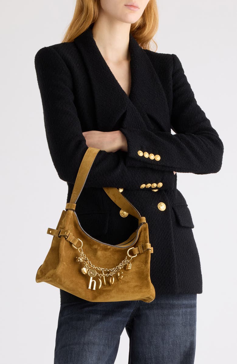 Chloé Charms Suede Hobo Bag, Alternate, color, Gold Khaki