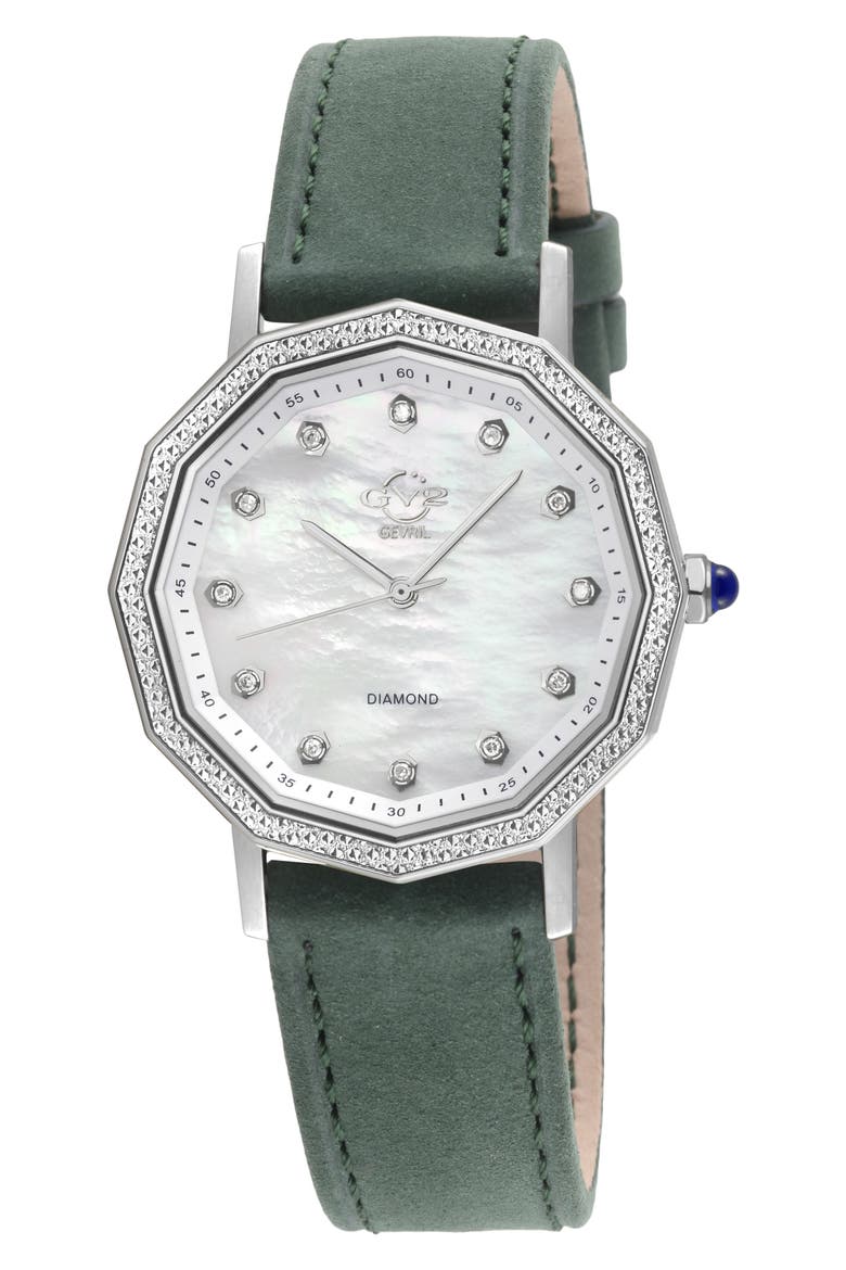 Spello II Diamond Dial Leather Strap Watch, 36mm, Main, color, GREEN