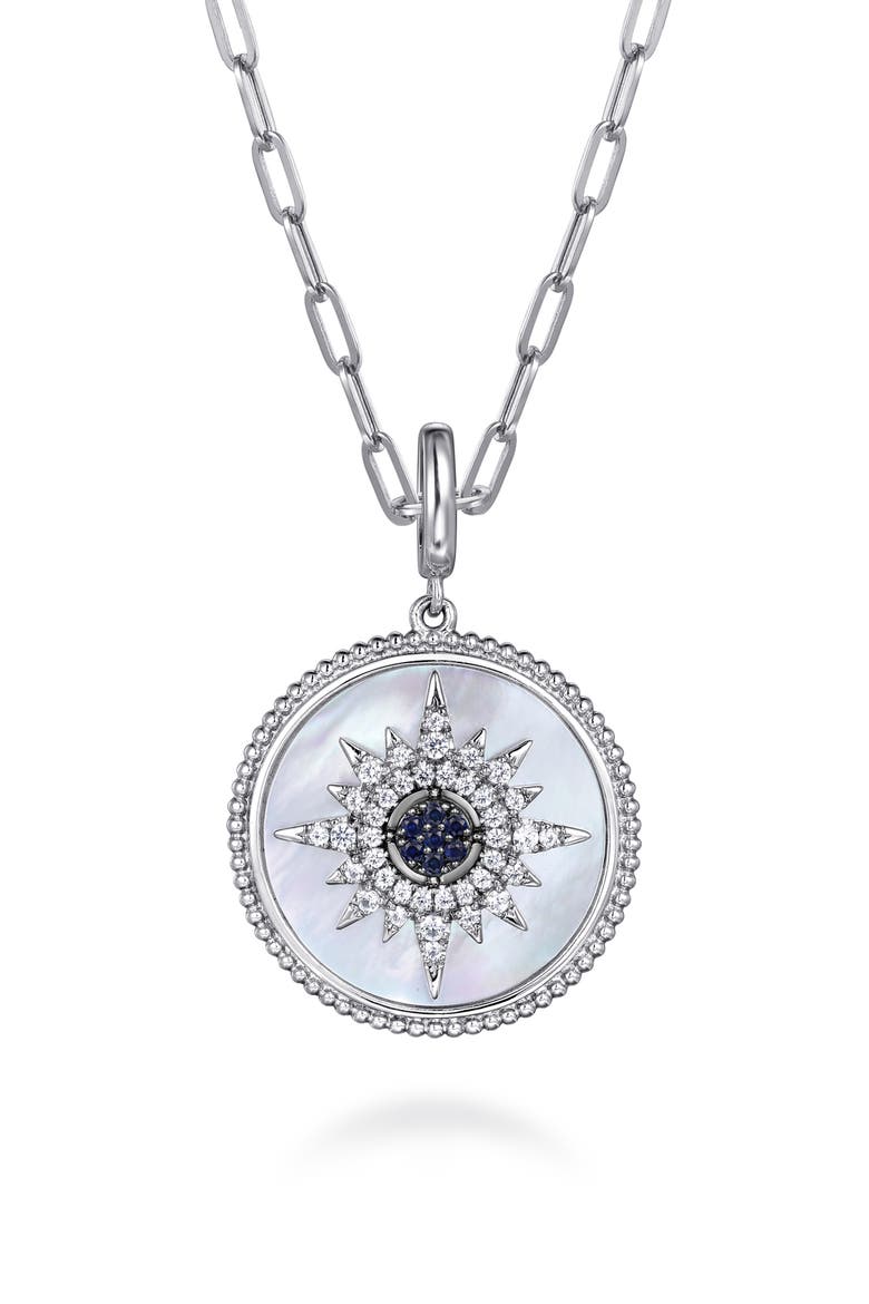 Blue & White Sapphire Medallion Pendant Charm, Alternate, color, STERLING SILVER