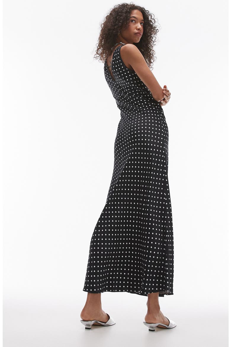 Polka Dot Satin Maxi Dress, Alternate, color, BLACK
