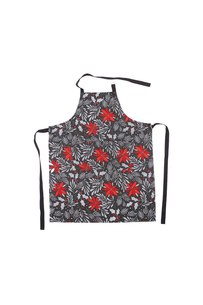 Black & Red Poinsettia 100% Cotton Christmas Apron, Main, color, Black
