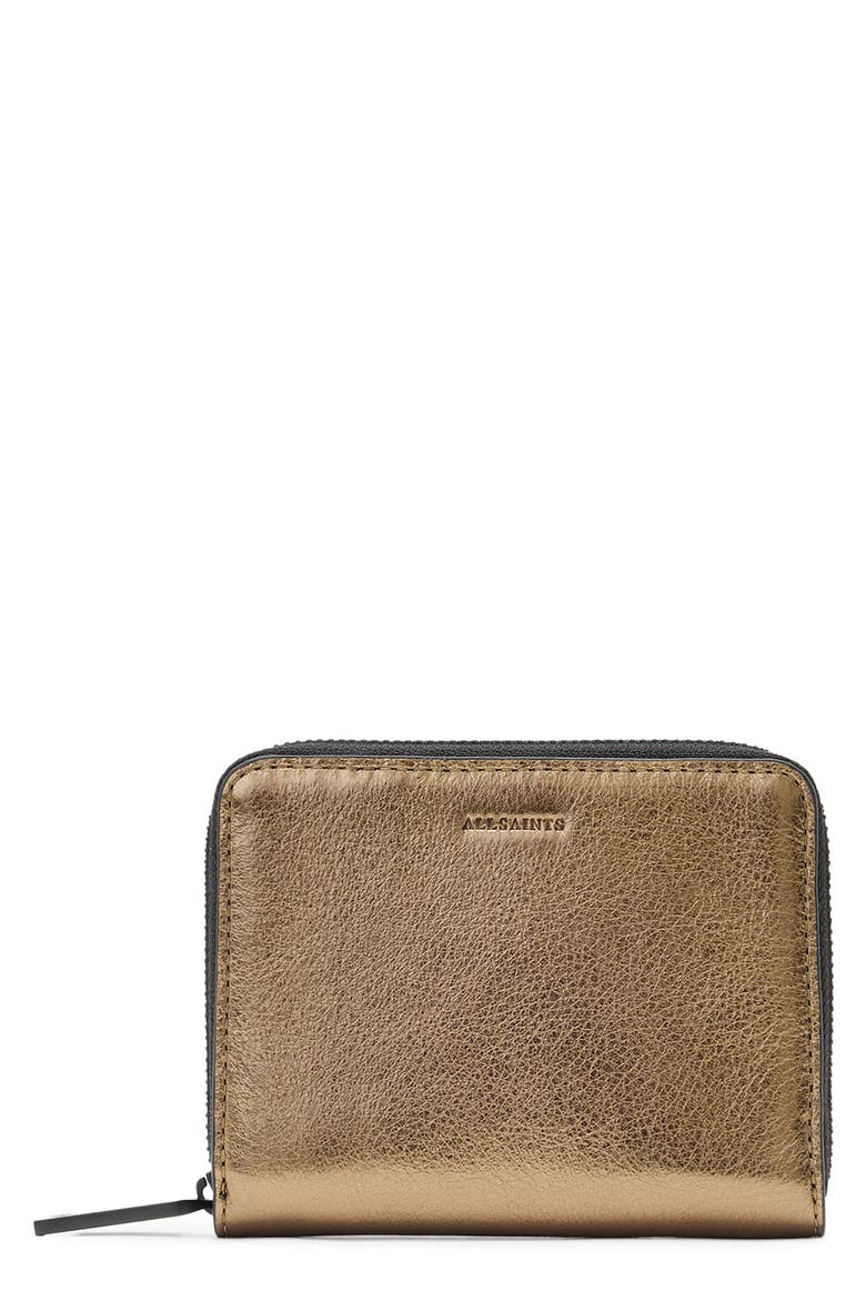 Lena Hex Metallic Leather Zip Wallet, Main, color, WARM BRASS