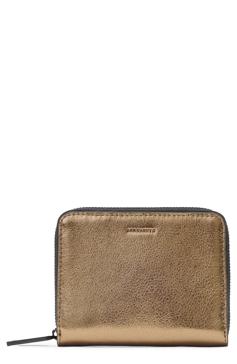 AllSaints Lena Hex Metallic Leather Zip Wallet, Main, color, Warm Brass