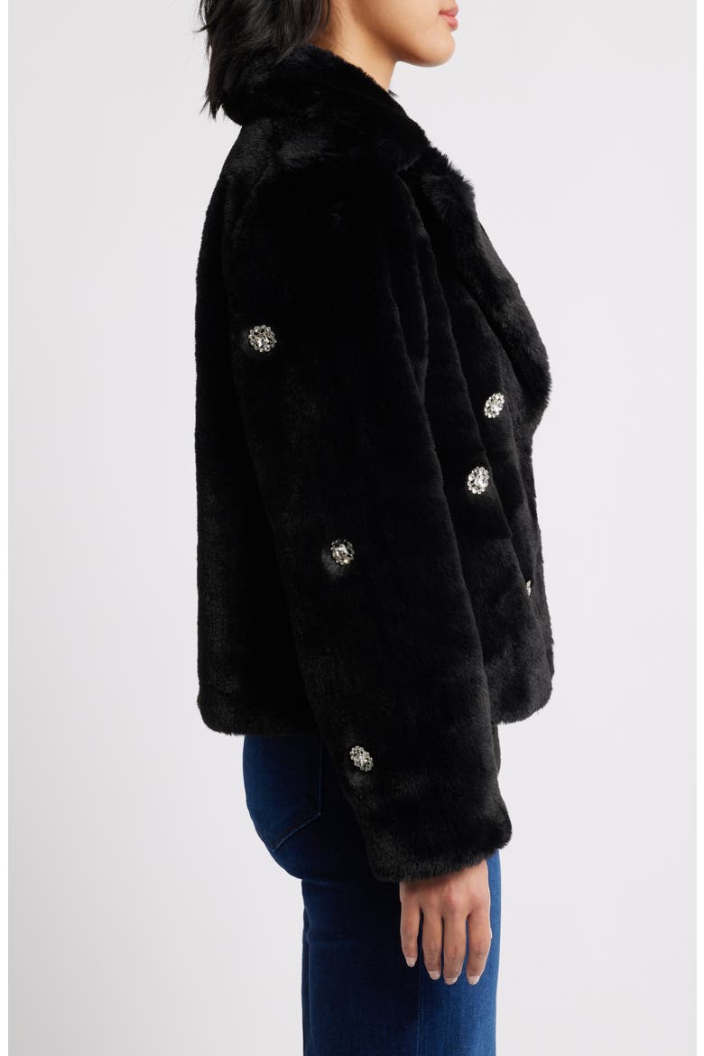 Rhinestone Button Faux Fur Jacket, Alternate, color, BLACK