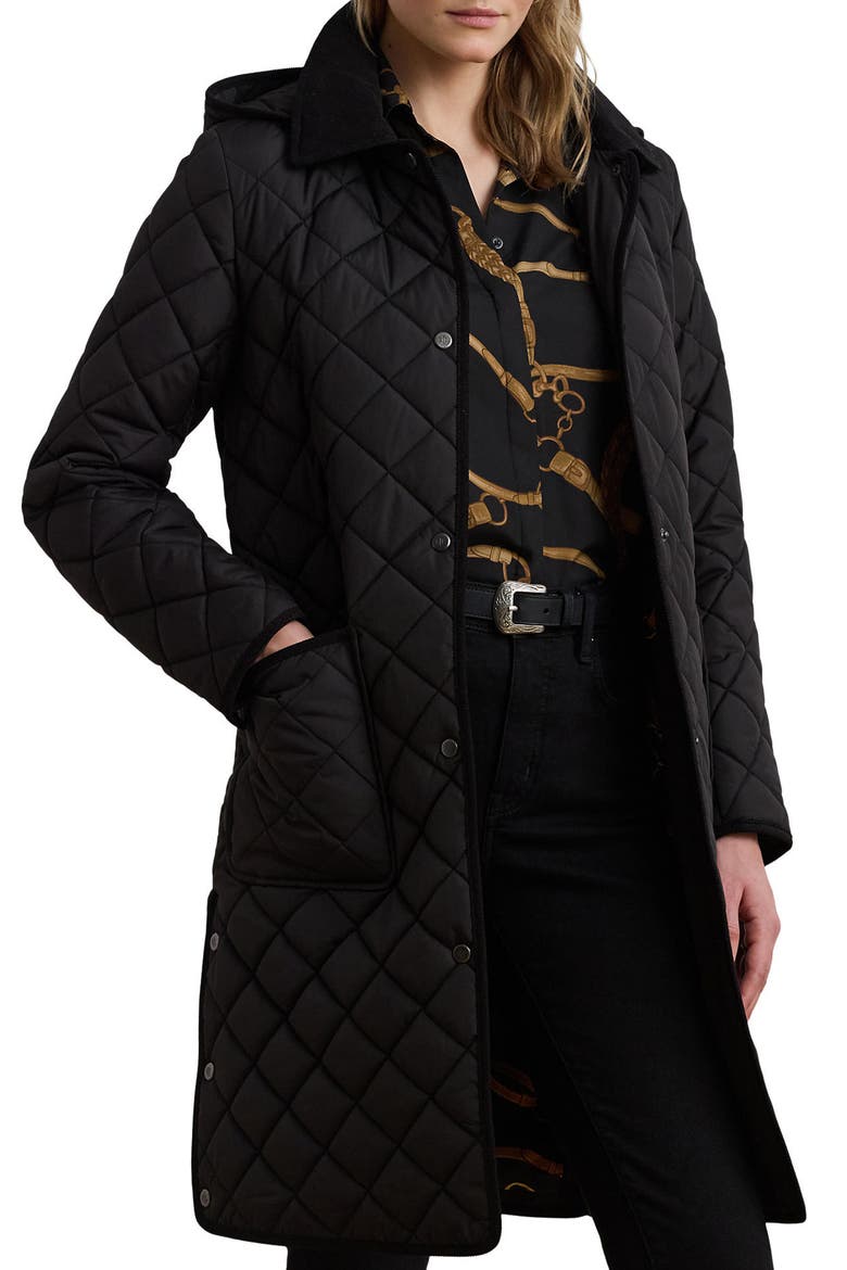 Diamond Quilted Hooded Coat, Main, color, BLACK