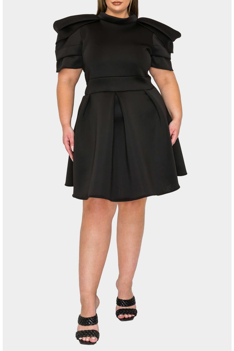 Karina Statement Stretch Neoprene Fit & Flare Dress, Main, color, BLACK