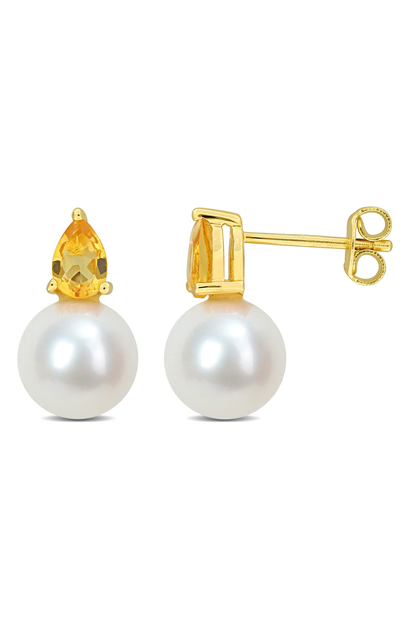 DELMAR Pear Cut Citrine & 8.5–9mm Cultured Pearl Stud Earrings