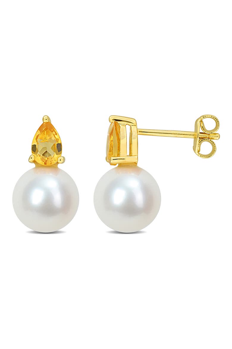 Pear Cut Citrine & 8.5–9mm Cultured Pearl Stud Earrings, Main, color, YELLOW