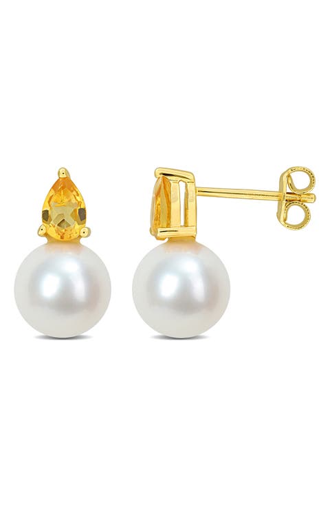Pear Cut Citrine & 8.5–9mm Cultured Pearl Stud Earrings