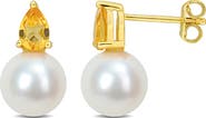 DELMAR Pear Cut Citrine & 8.5–9mm Cultured Pearl Stud Earrings