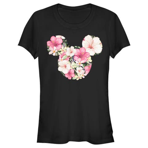 Junior's Mickey & Friends Pink Floral Mickey Mouse Logo  Graphic T-Shirt