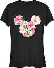 Mickey & Friends Junior's Mickey & Friends Pink Floral Mickey Mouse Logo  Graphic T-Shirt