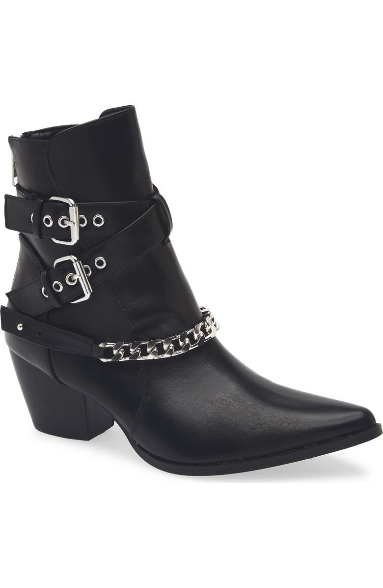 Matisse Jill Buckle Chain Trim Bootie, Main, color, Black Synthetic