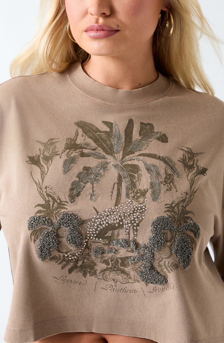 GUESS Beaded Jungle Resort Crop T-Shirt, Alternate, color, Taupe Multi