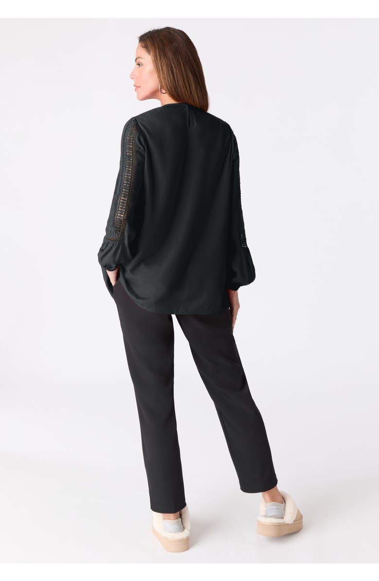 Roaman's Lace-Trim Blouson-Sleeve Top, Alternate, color, Black