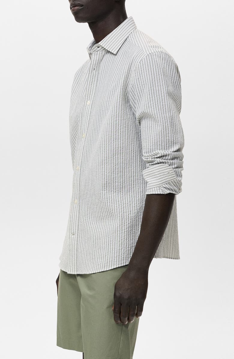 MANGO Stripe Stretch Cotton Seersucker Button-Up Shirt, Alternate, color, Dark Green Stripes