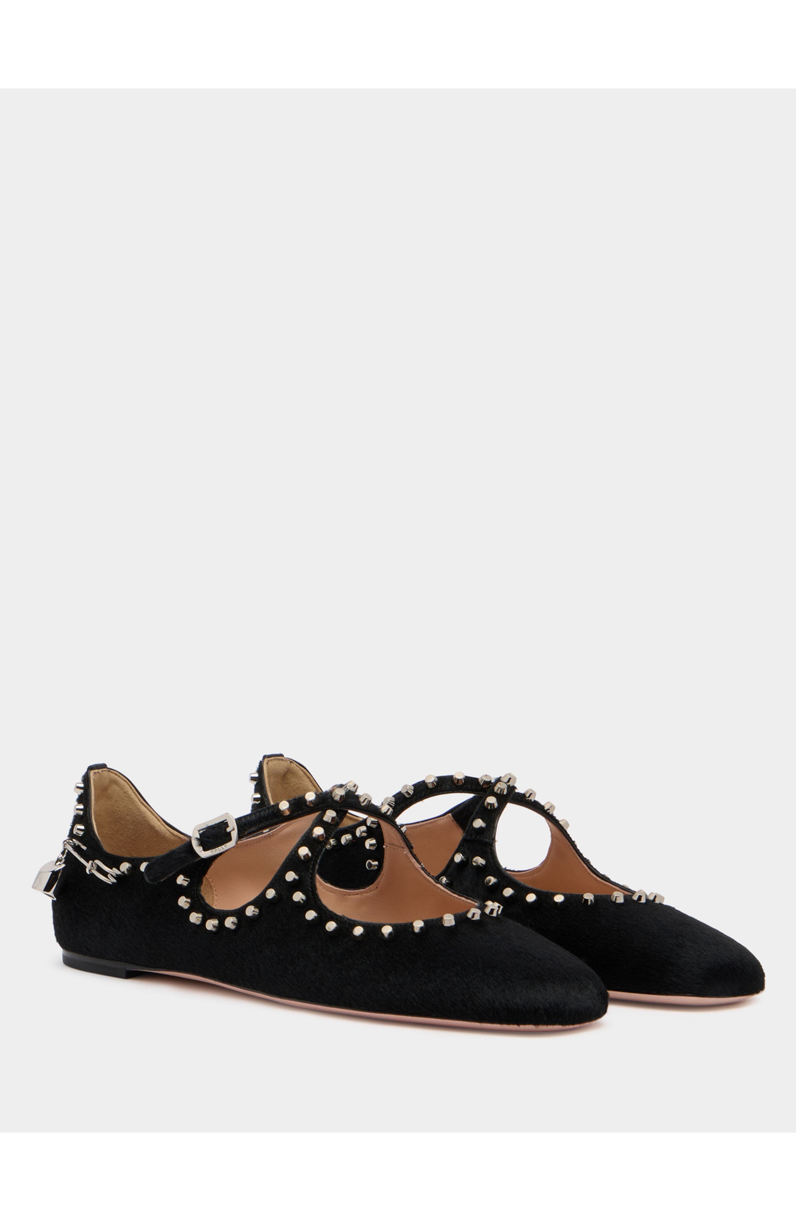 Bally rina Flat in Pony Hair With Studs, Alternate, color, Black