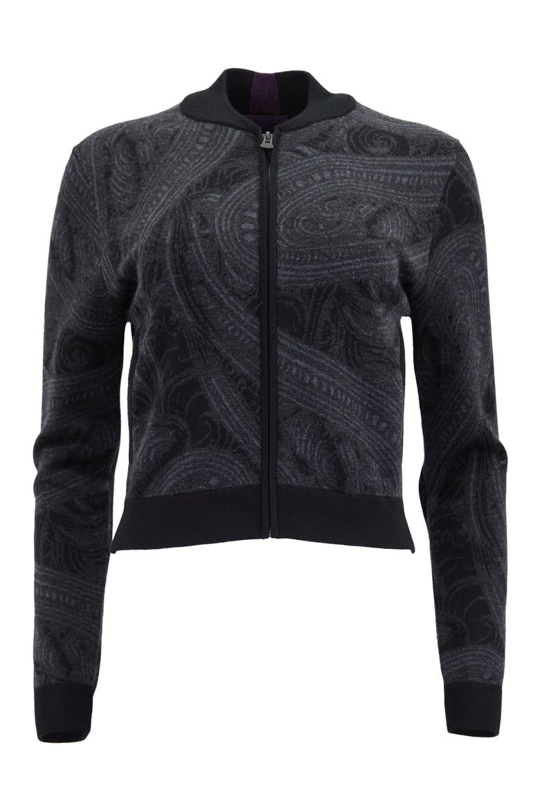 Susan Merino Wool Zip-up Jacquard Cardigan Sweater, Alternate, color, Badalona Charcoal