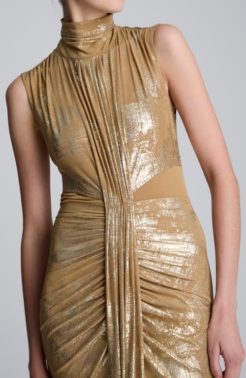 Kenneth Cole Metallic Foil Mesh Pleated Bodice Maxi Dress In Gold