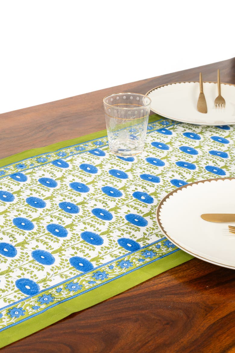 Blue Araminta Blockprint Tablerunner, Alternate, color, Blue