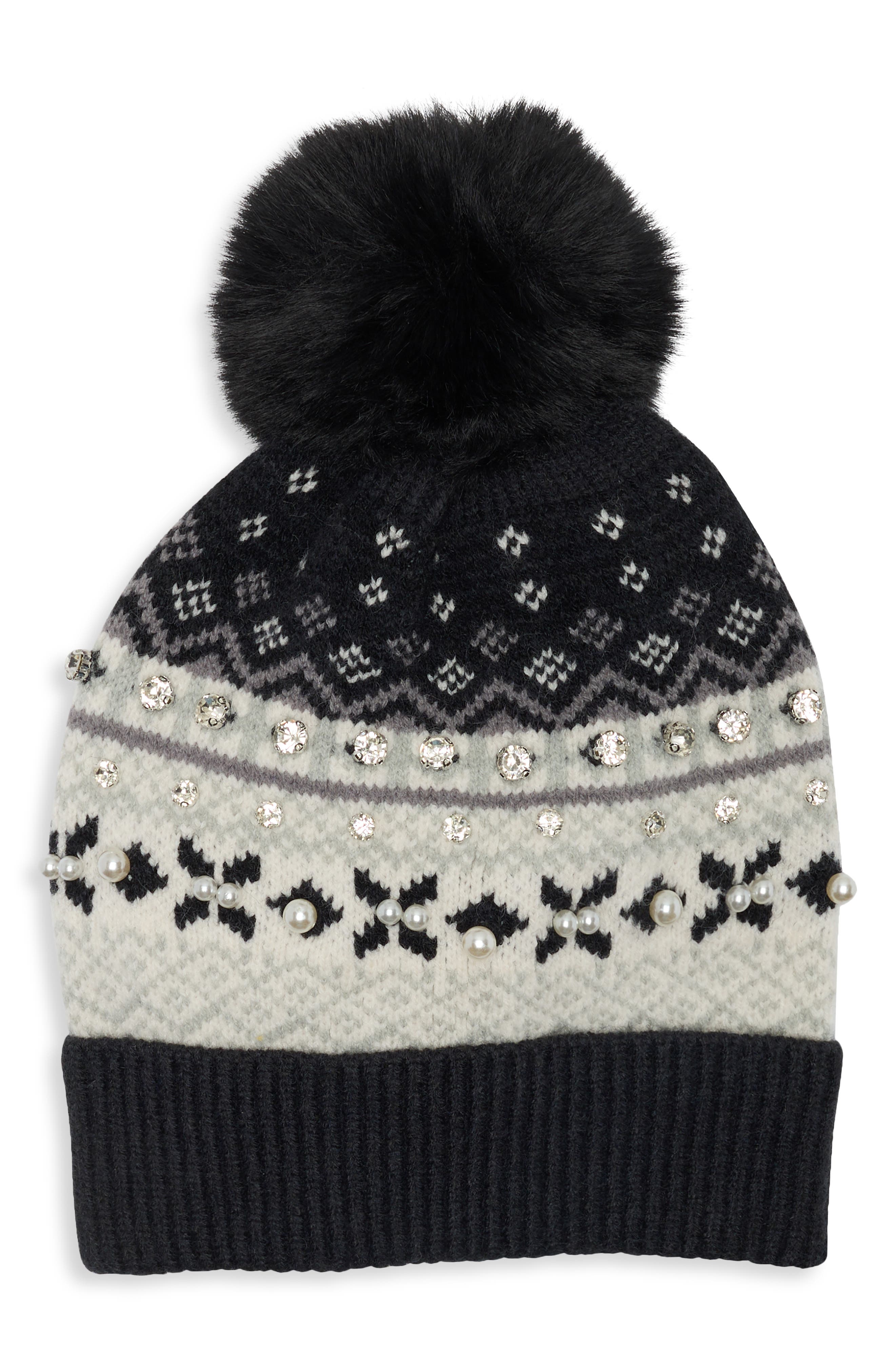 Fair Isle Pom Beanie with Crystals and Faux Pearls