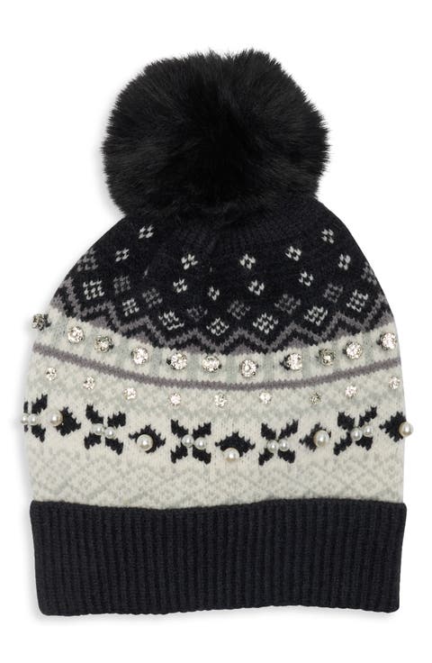Fair Isle Pom Beanie with Crystals and Faux Pearls