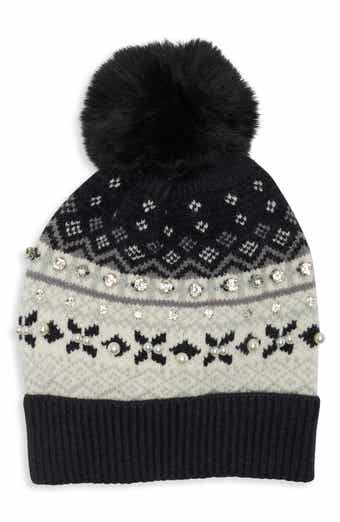 Fair Isle Pom Beanie with Crystals and Faux Pearls