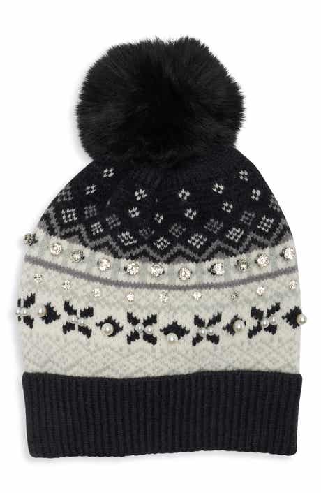 Fair Isle Pom Beanie with Crystals and Faux Pearls
