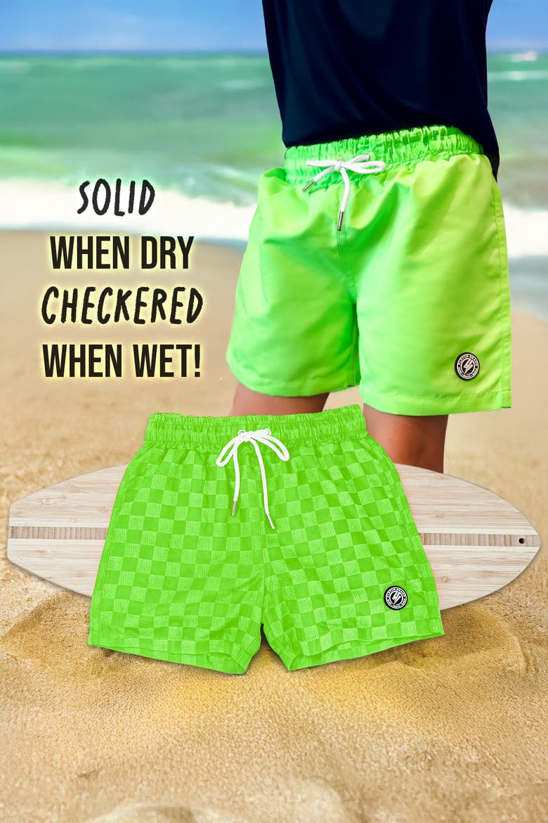Neon Color Change Checker Swim Trunks, Alternate, color, Neon Green
