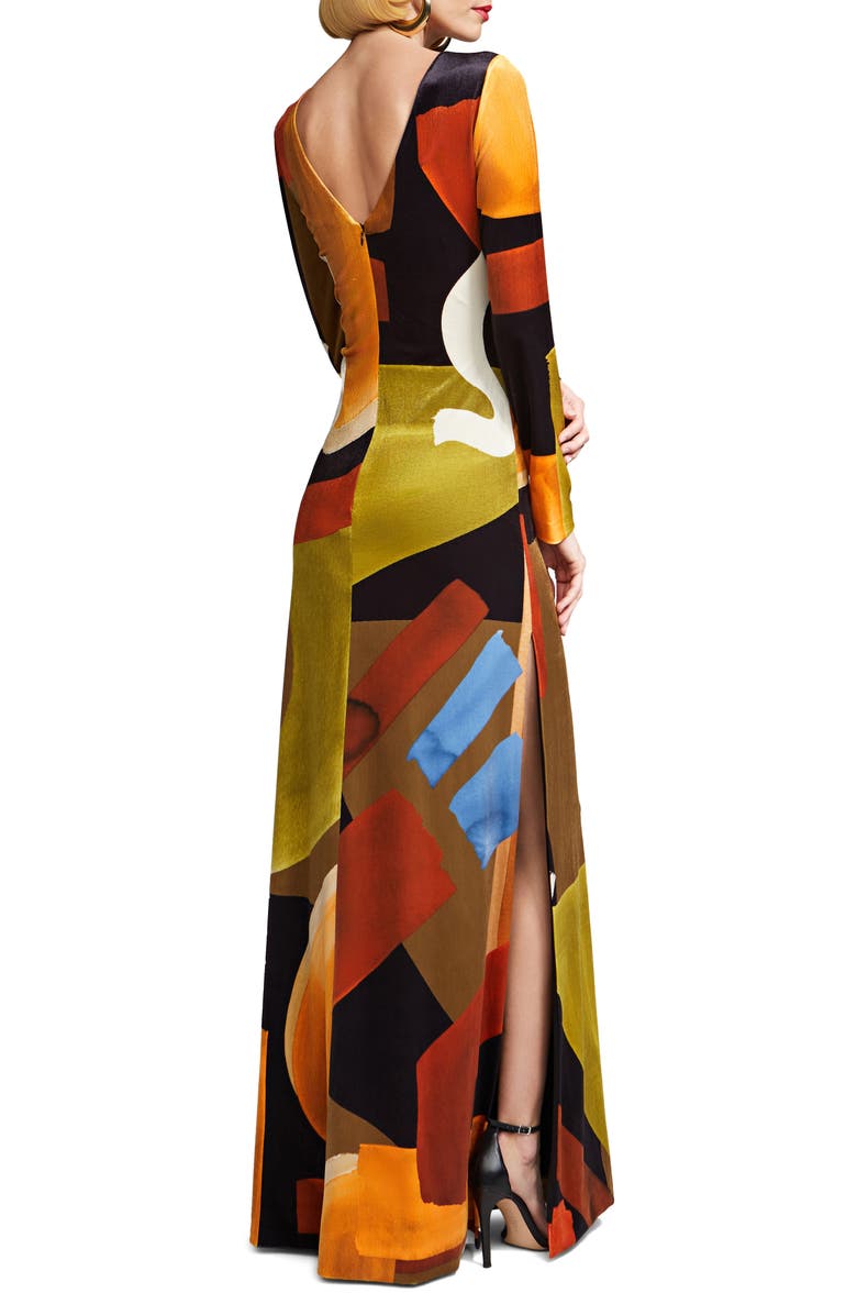 HALSTON Rekha Geo Print Long Sleeve Velvet Gown, Alternate, color,