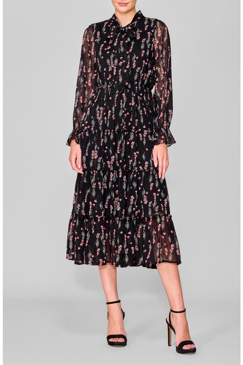 Tie Front Long Sleeve Tiered Midi Dress, Main, color, BLACK FLORAL