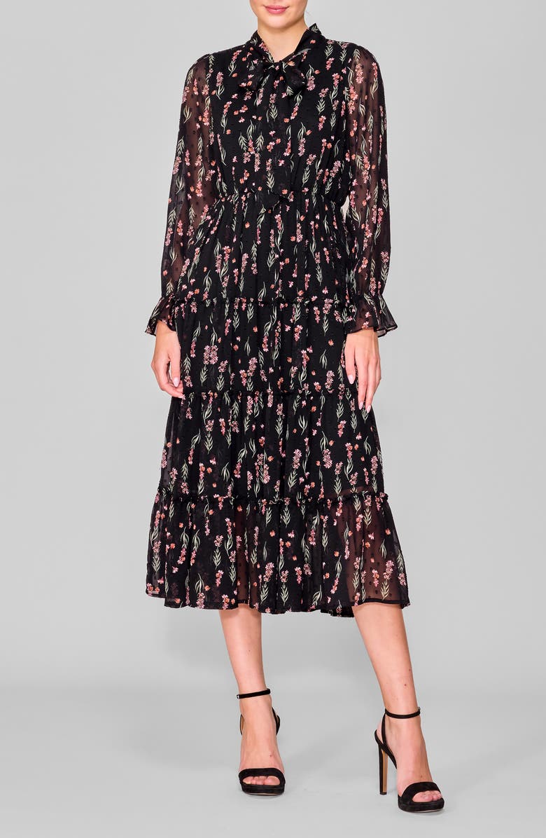 MELLODAY Tie Front Long Sleeve Tiered Midi Dress, Main, color, Black Floral