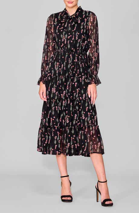 MELLODAY Tie Front Long Sleeve Tiered Midi Dress