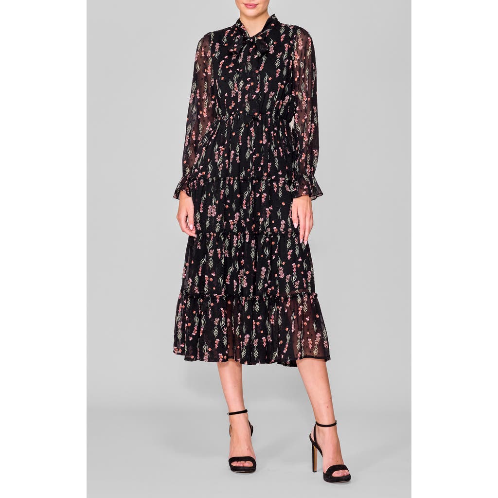 Melloday Tie Front Long Sleeve Tiered Midi Dress In Black