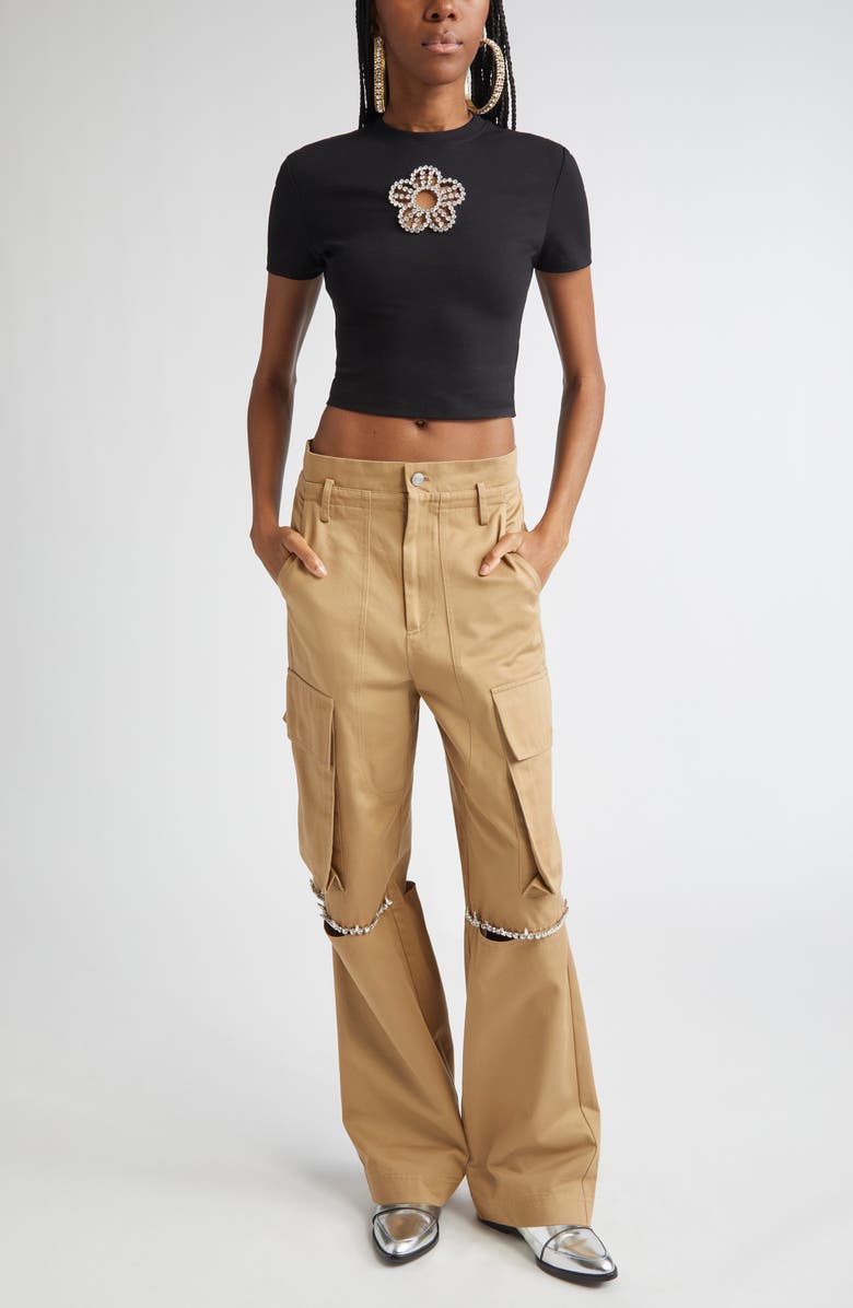 Area Crystal Flower Cutout Crop T-Shirt, Alternate, color, Black