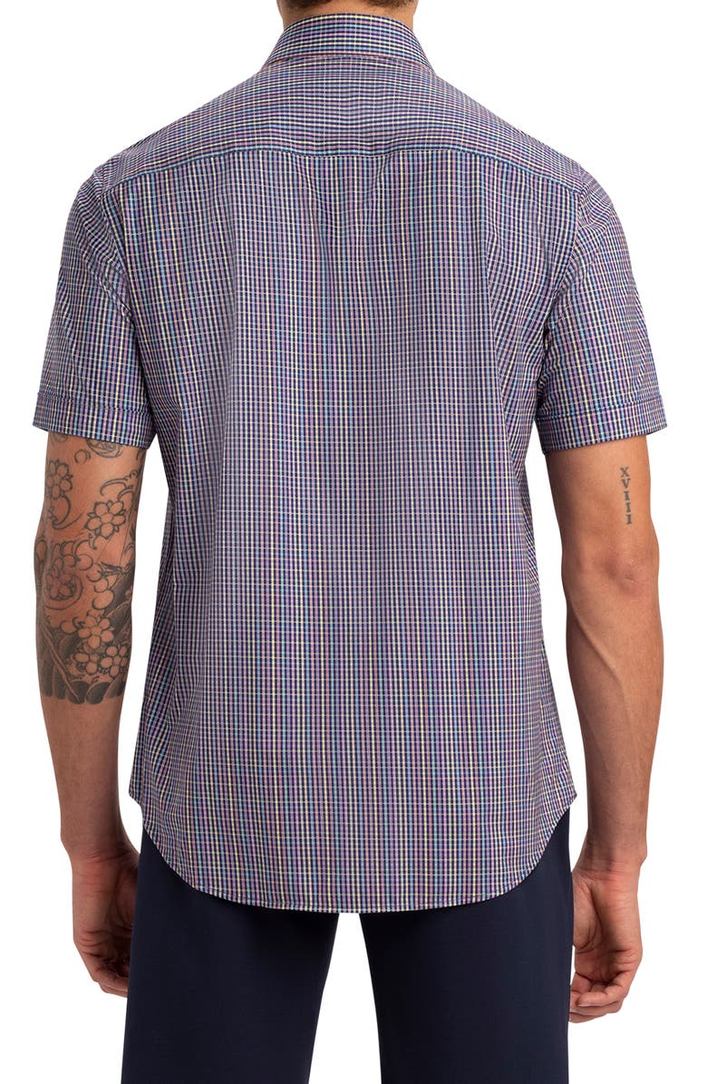Bugatchi Tech Check Print Short Sleeve Stretch Cotton Button-Up Shirt, Alternate, color, 